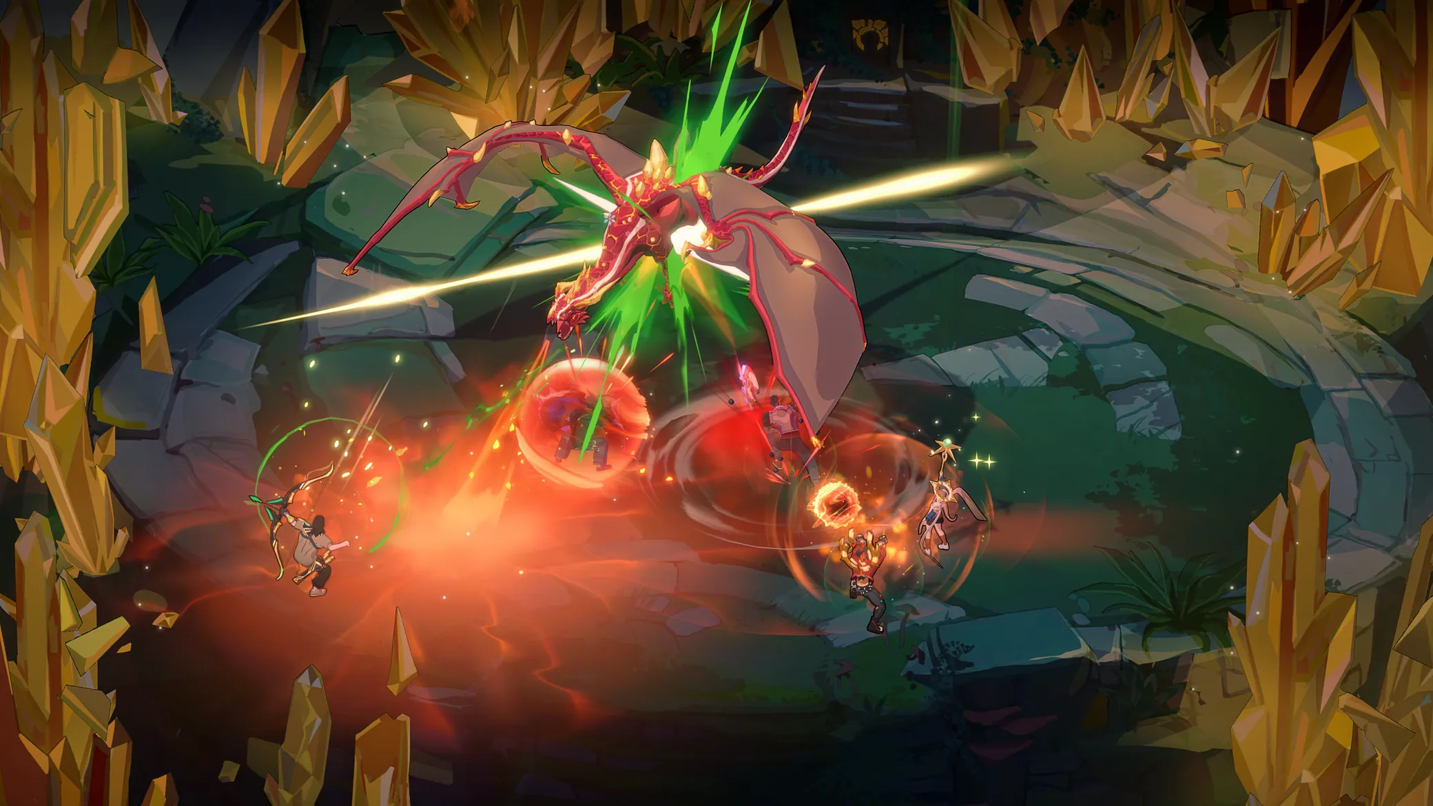 Party fighting a crystal dragon in a cave