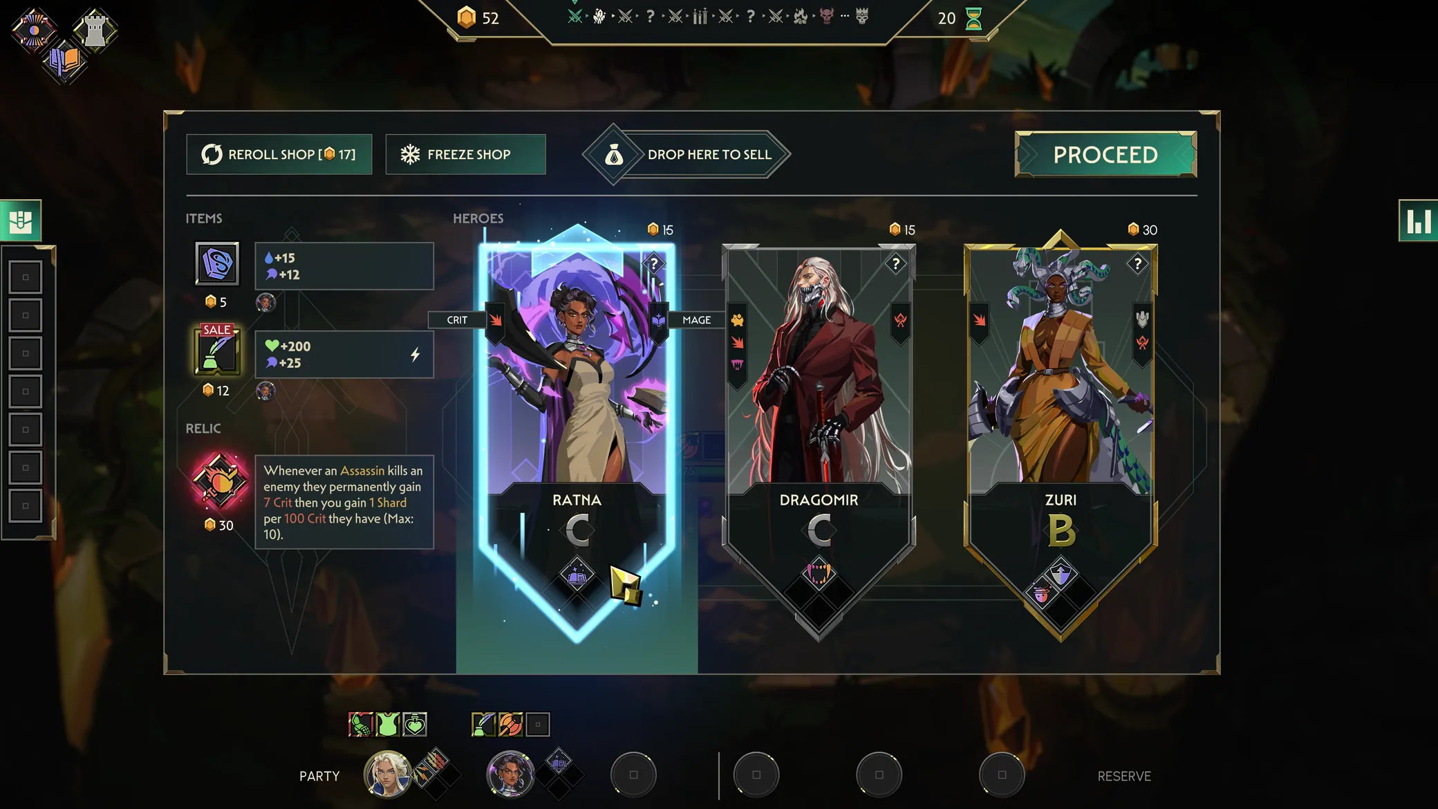 Hero draft screen with three hero cards